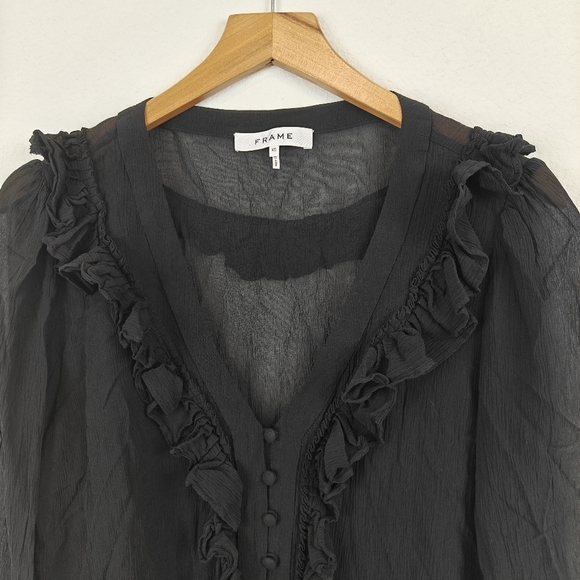 FRAME Silk Sheer Ruffle Long Sleeve V Neck Button Up Peasant Blouse Size XS - Picture 4 of 12